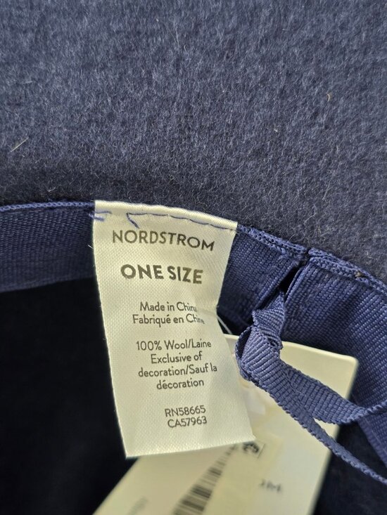 NWT Nordstrom Navy Wool Wide Brim Floppy Hat Women OS Scarf Tie Band Adjustable